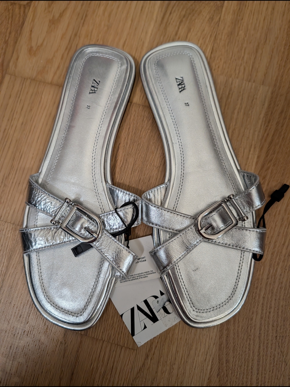 Zara Metallic Silver Buckle Cross-Strap Slide Sandals